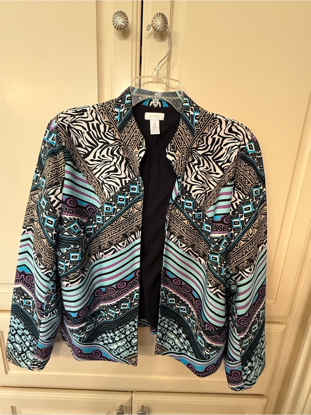 Chico's Multi-Pattern Open Front fully lined Jacket in Aqua,Black&White - Size 2